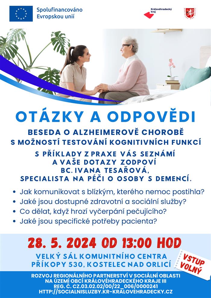 Odbor sociálních věcí Vás zve na besedu o Alzheimerově chorobě. Zkušený lektor Vám přiblíží příklady z praxe, zodpoví dotazy a v případě zájmu si můžete nechat otestovat paměť.
