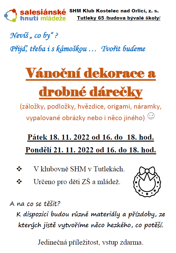 Vánoční dekorace a drobné dárečky 18.11.2022 od 16:00 hodin