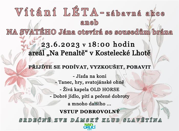pozvánka, Vítání léta, 23.06.2023 v 18:00 hodin v Kostelecké Lhotě