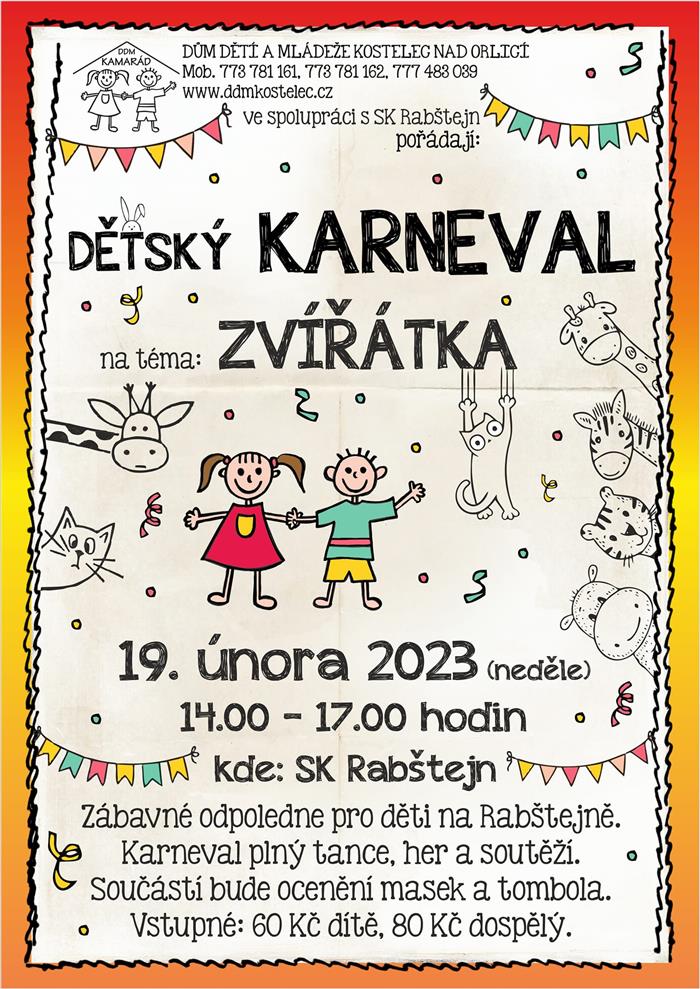 Dětský karneval na téma zvířátka 19.2.2023 od 14:00 hodin